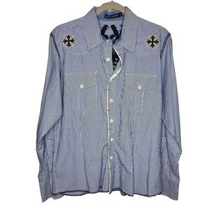 Monarchy Button-up Mens Medium Blue White Floral Embroidered‎ Snap Button